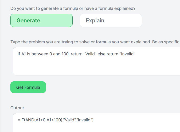 AI Excel Bot formula generation preview