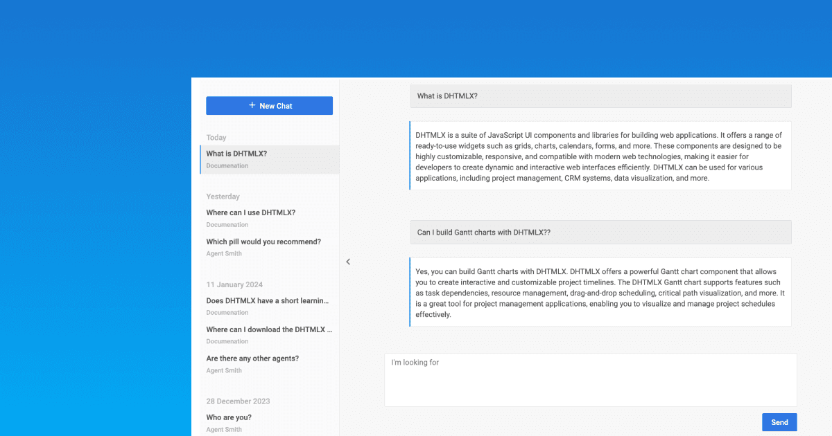 DHTMLX Chatbot JavaScript AI chatbot widget preview