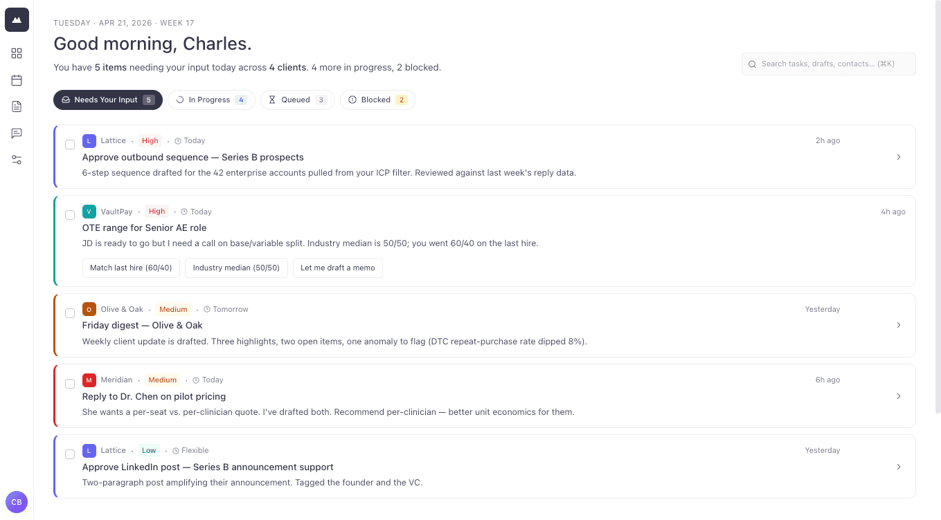 Everest home screen with daily brief and chief of staff chat
