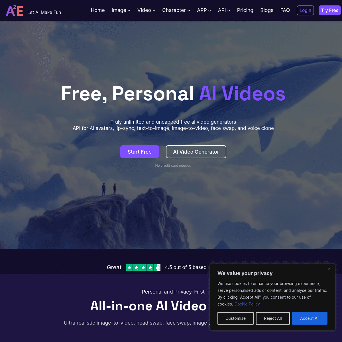 A2E AI homepage screenshot