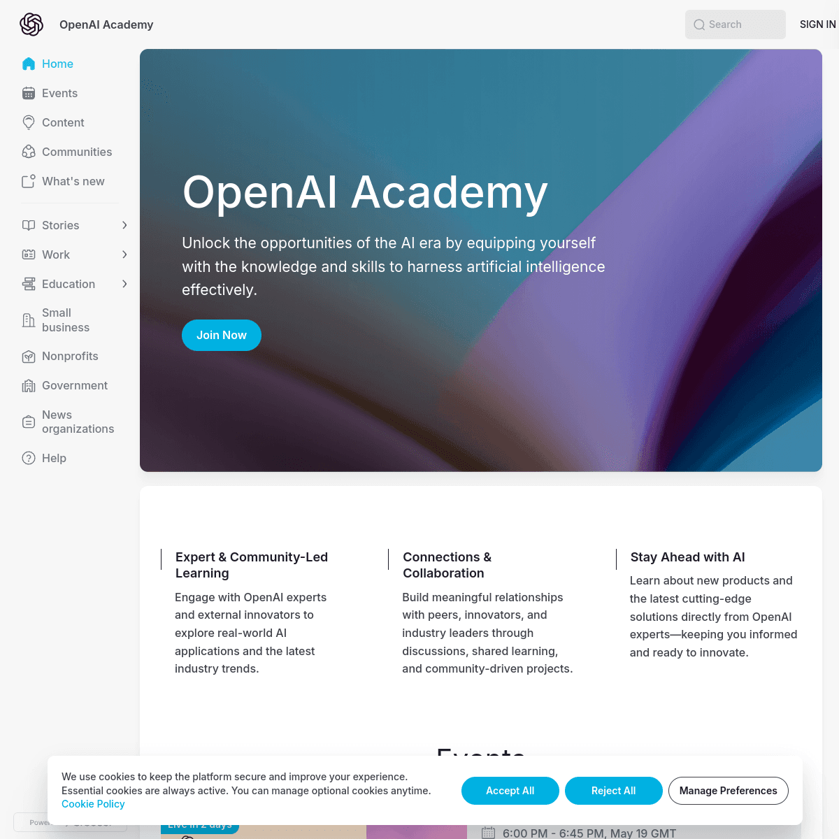 OpenAI Academy homepage screenshot (EN)
