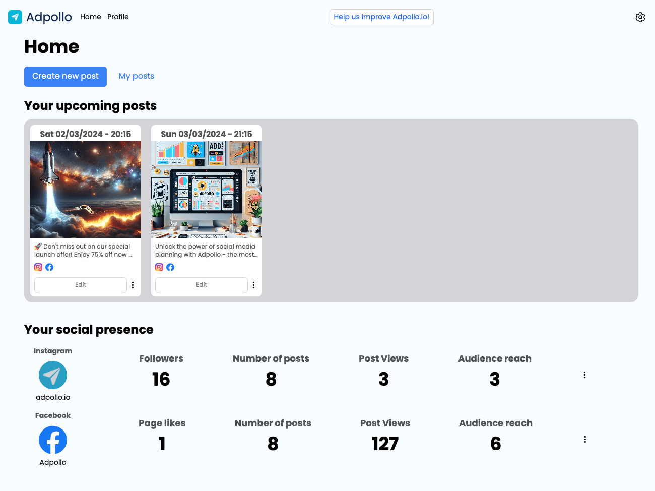 Adpollo social media dashboard screenshot
