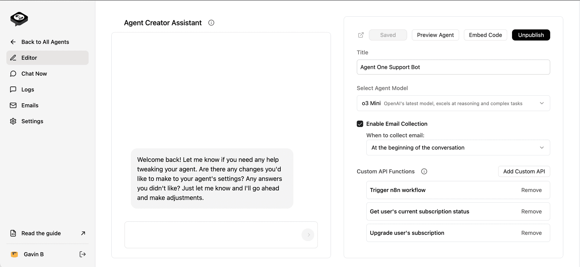 Agent One official support AI agent dashboard image