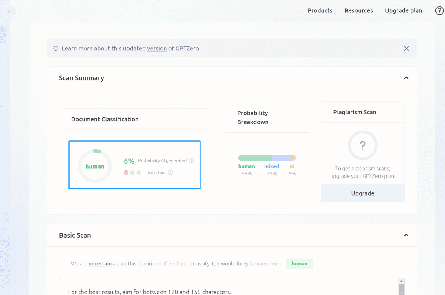 AI Bypasser Pro GPTZero detector result example