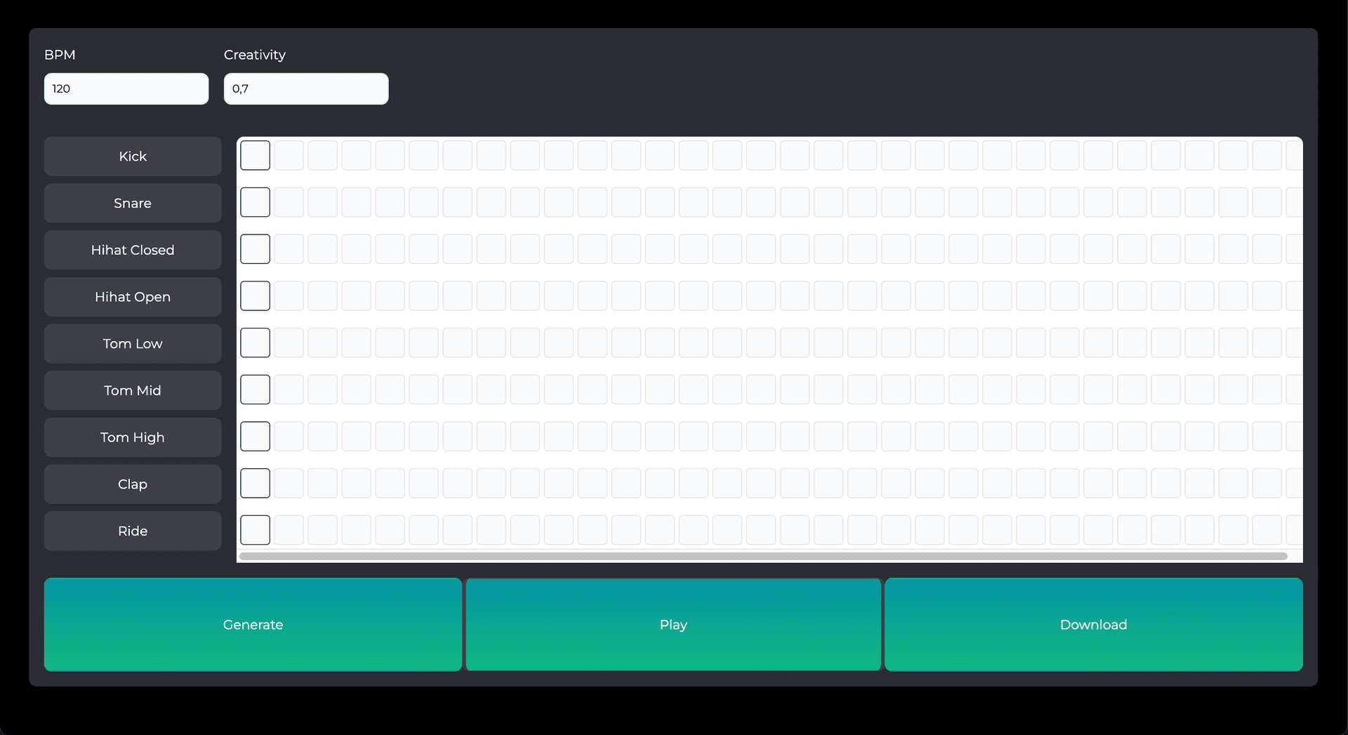 AI Drum Generator settings screen